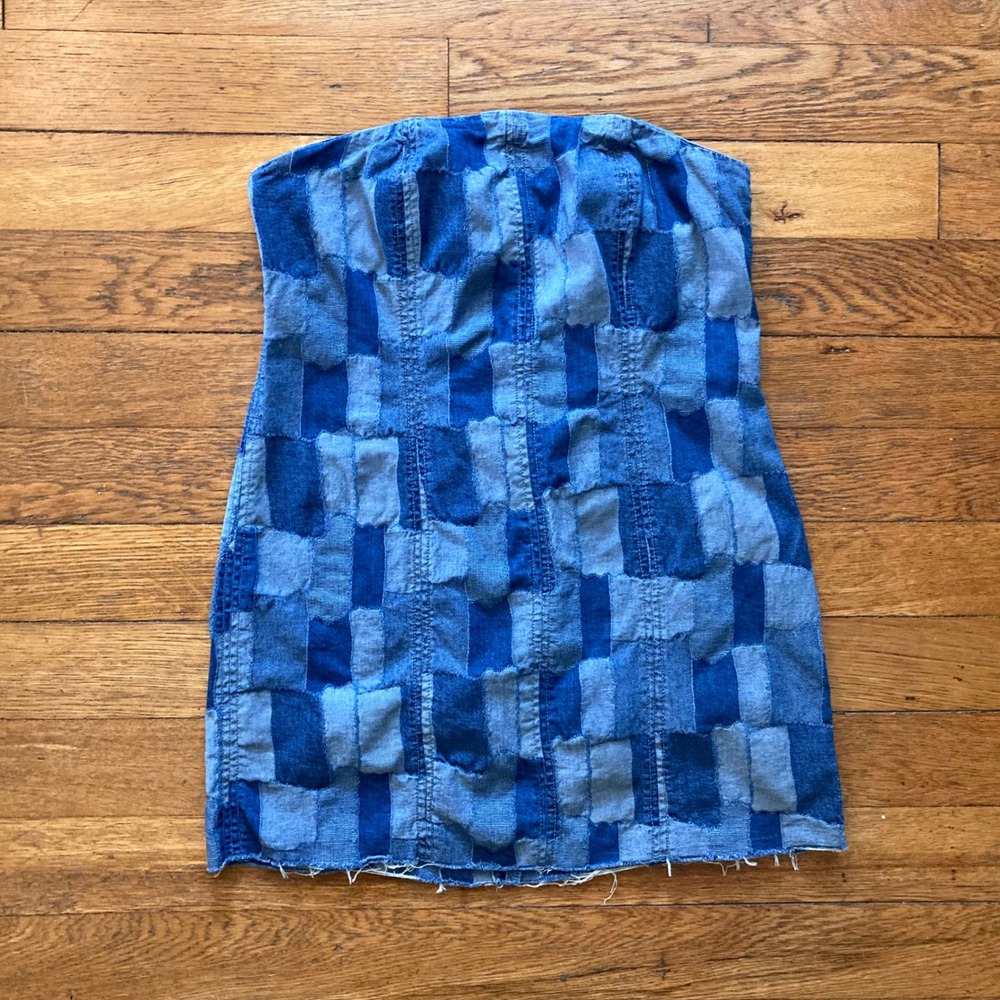 90s Boho Patchwork Denim Tube Dress Blue Strapless Mini Frayed Hem L Y2K Grunge